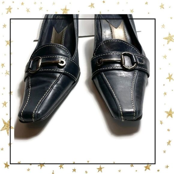 Linea Paola Navy Leather Pointed Toe Heels 6.5 - Picture 4 of 7